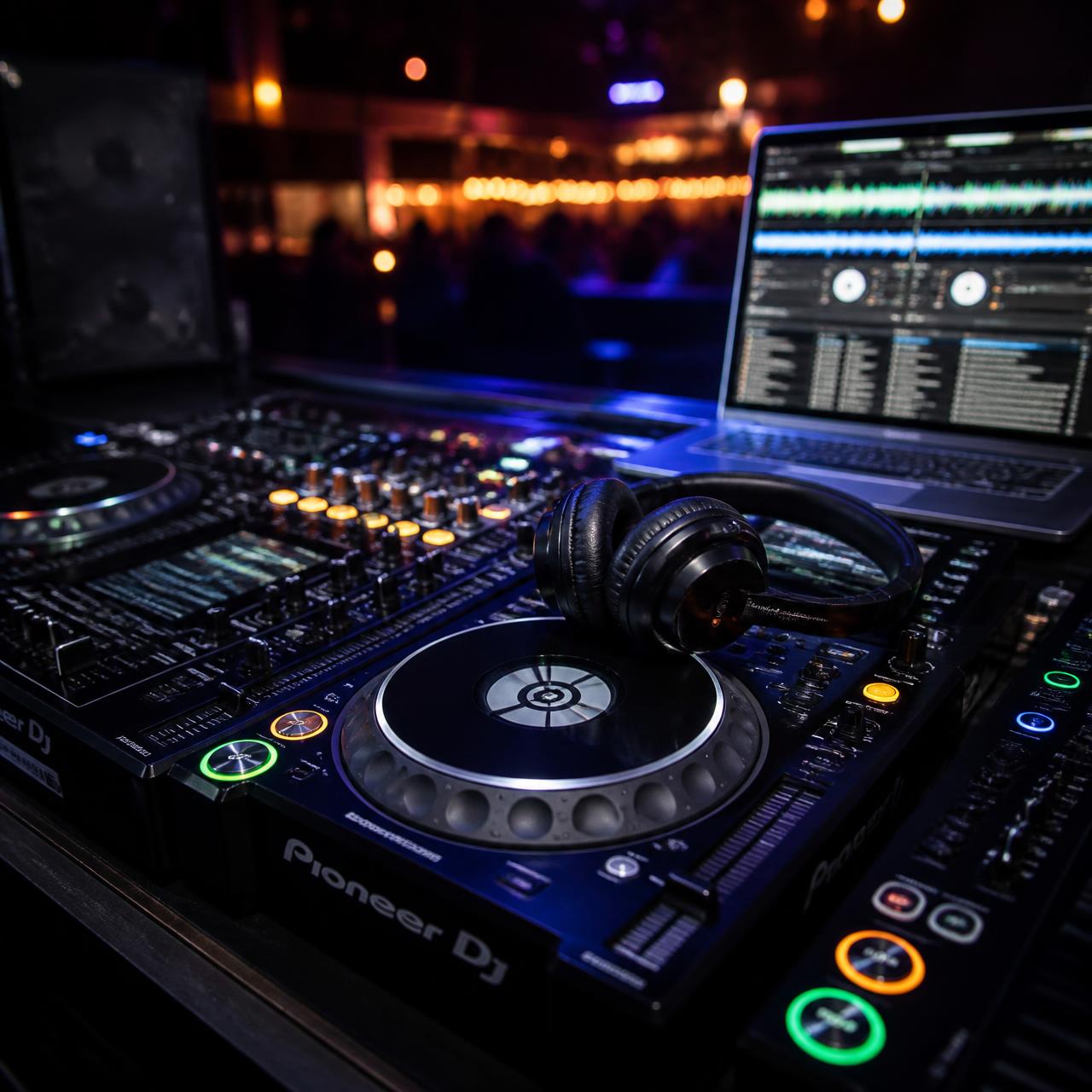 Professional DJ mixer and speaker setup